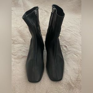 Square toe black leather boots